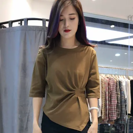 2023春夏季新款女圆领七分袖洋气时尚t恤纯色百搭中袖打底衫上衣商品大图