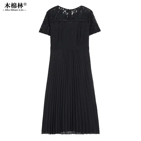 胖MM大码女装夏季新款圆领拼接褶皱设计气质遮肉显瘦连衣裙2024图片