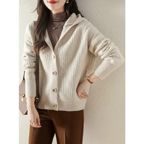 连帽毛衣外套女秋冬季2023新款长袖上衣针织衫女开衫春秋纯色百搭图片