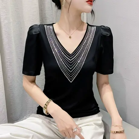 气质女装性感V领烫钻T恤短袖设计感小众泡泡袖上衣修身百搭小衫夏商品大图