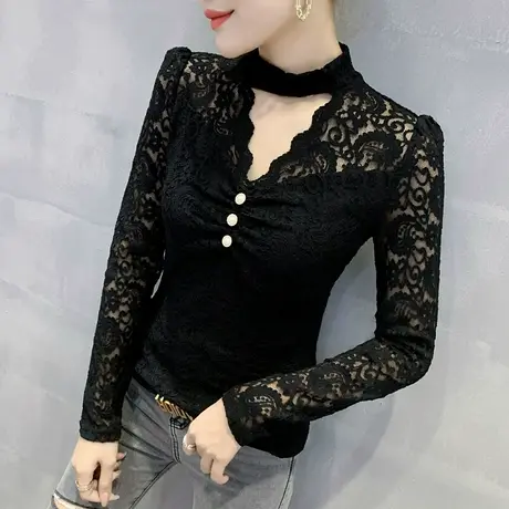 半高领加绒打底衫女春装性感镂空蕾丝衫女长袖紧身内搭洋气质上衣商品大图