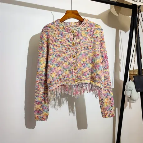 彩色点点针织开衫女2023秋装新款韩版设计感小众短款流苏上衣外穿图片