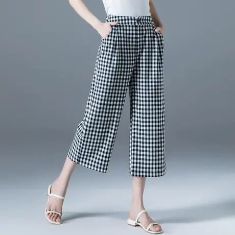黑白格子阔腿裤女夏女裤夏季薄款七分裤小个子八分裤夏天直筒裤子商品大图