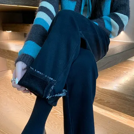 黑色直筒牛仔裤女九分冬季2024年新款高腰加绒加厚小个子烟管裤子商品大图