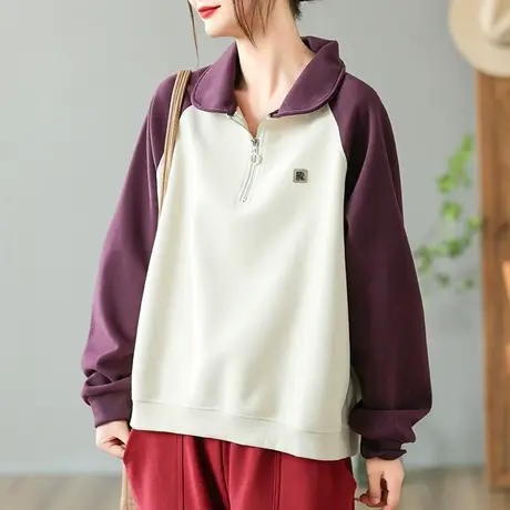 dza 复古宽松翻领休闲卫衣女秋新款百搭套头长袖外套拼接撞色上衣图片