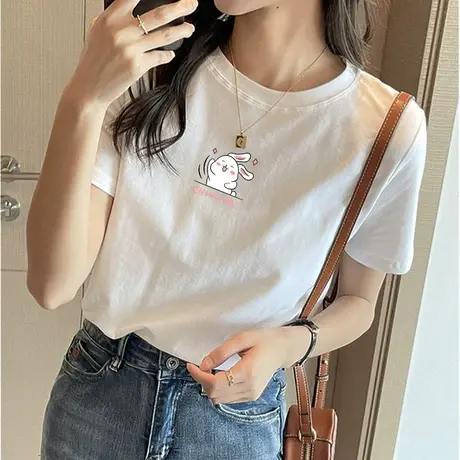纯棉t恤女白色减龄上衣2023夏装高级印花兔子体恤韩版圆领打底衫商品大图