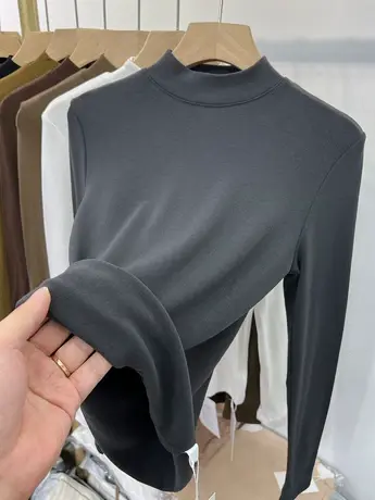 纯色百搭加薄绒圆领长袖T恤女2023秋冬新款修身内搭打底衫上衣ins商品大图