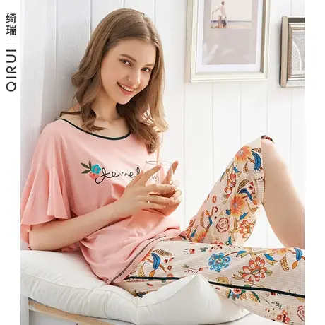 绮瑞睡衣女士夏季莫代尔棉短袖薄款七分裤休闲甜美印花家居服套装商品大图