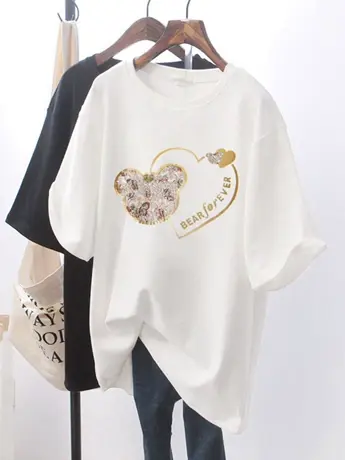 仿棉白色短袖t恤女2023早春新款夏季美式小众设计感大码女装上衣商品大图