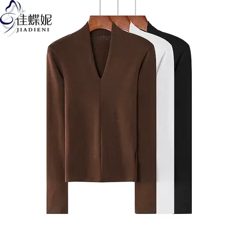 秋冬新款深V领纯欲修身显瘦纯色简约纯棉长袖体恤上衣内搭女打底商品大图