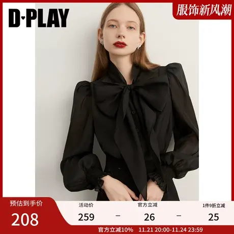 DPLAY2025春季气质通勤黑色泡泡袖长袖蝴蝶结衬衫上衣黑女衬衣图片