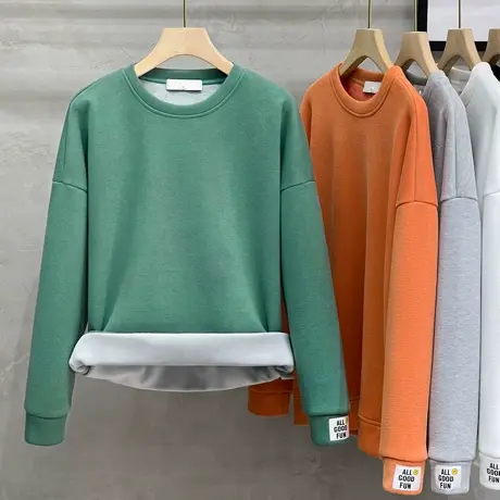 秋冬圆领卫衣男潮宽松简潮加绒加厚冬季打底衫长袖情侣装无帽上衣商品大图