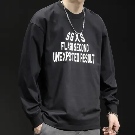 圆领黑色长袖t恤男纯棉潮牌宽松大码字母2024新款男士打底衫春秋商品大图