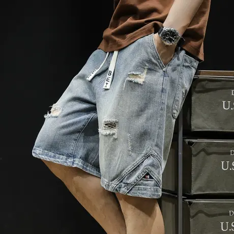 破洞潮牌牛仔短裤男士五分裤夏季宽松大码2024新款5分裤子男裤夏商品大图