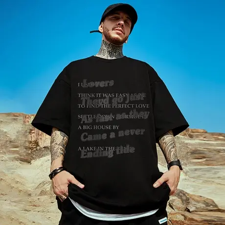 摩严美式复古T恤男潮流bf风休闲宽松纯棉短袖潮牌加肥加大码半袖商品大图