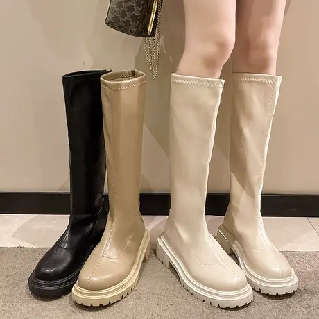 平口长筒靴子女2023秋冬新款厚底高筒卡其奶茶白色马丁靴骑士长靴图片