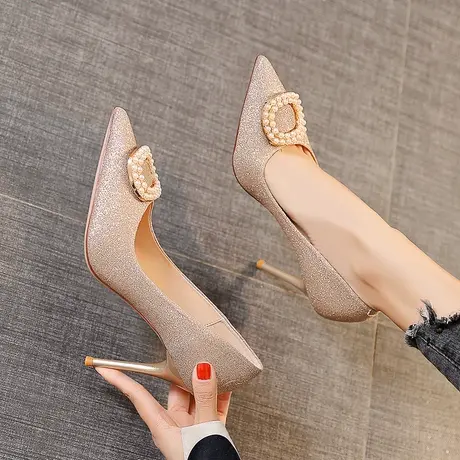 设计感小众名媛高跟鞋女细跟2023年新款百搭法式珍珠气质尖头单鞋图片