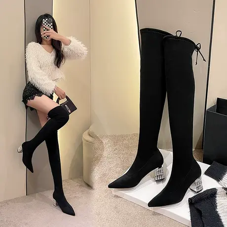 过膝长靴女2023秋冬新款黑色长筒靴粗跟高跟瘦瘦靴小个子弹力袜靴商品大图