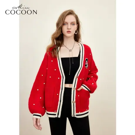 missCOCOON重工羊毛v领针织开衫短外套女2023秋季新款钉珠毛衫冬商品大图