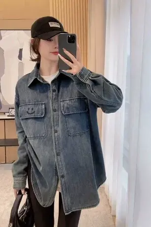 韩版秋冬新款笑脸刺绣牛仔衬衫外套女加绒加厚宽松休闲百搭上衣潮商品大图