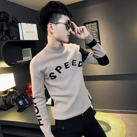 冬季男ins毛衣针织衫打底衫修身长袖潮流半高领条纹字母潮牌休闲商品大图