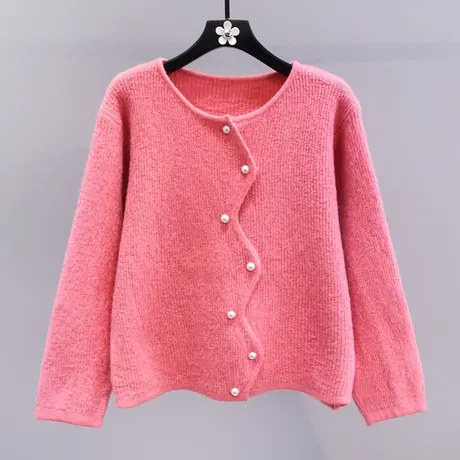 小香风不规则单排扣毛衣外套女冬季2023年新款宽松设计感针织开衫图片