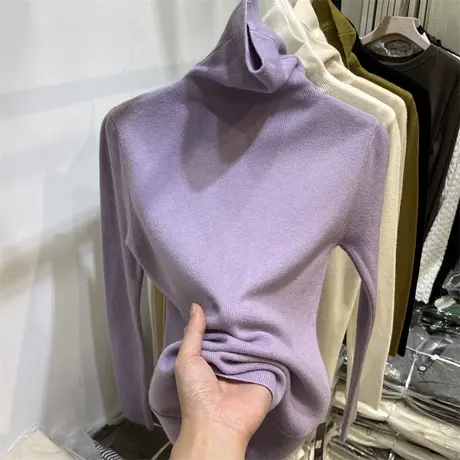 纯色加绒加厚打底衫女内搭秋冬修身长袖T恤堆堆领保暖德绒上衣服商品大图