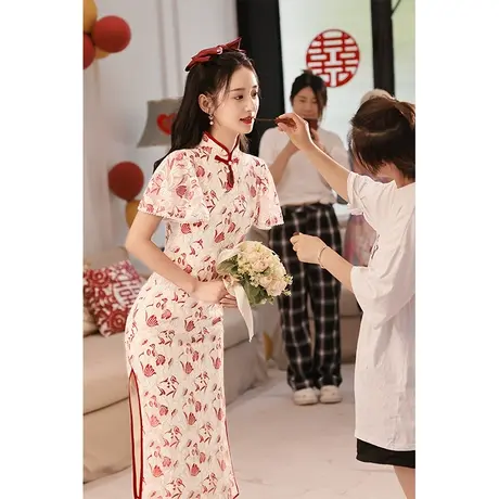 旗袍敬酒服新娘夏季女结婚订婚礼服平时可穿回门便装小个子中长款图片