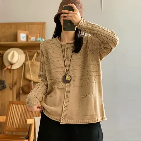 dza 复古宽松圆领条纹针织开衫上衣女春秋新款外搭短款毛衣外套女图片