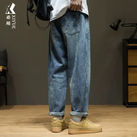 希越重工水洗牛仔裤男2024新款复古休闲裤子宽松直筒大码九分男裤商品大图