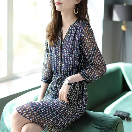 宝诗黎新款桑蚕丝亮丝女装春季连衣裙2024中长款系带收腰印花裙子商品大图