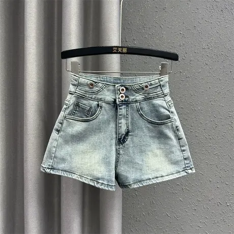 韩系风阔腿裤女2024春夏新款浅蓝色两粒扣设计感宽松百搭牛仔短裤图片