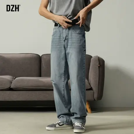 男士浅色牛仔裤男直筒痞帅裤子美式高街休闲男裤2024年新款破洞裤商品大图