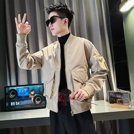 轻熟棒球领外套男春季纯色个性多口袋上衣潮牌痞帅飞行员工装夹克商品大图
