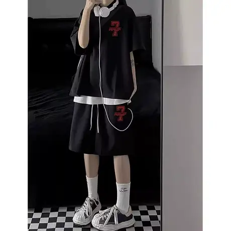 潮牌美式复古运动套装女2023新款夏季休闲宽松短袖t恤短裤两件套商品大图