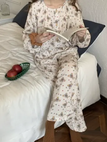 韩版INS慵懒风双层棉纱卡通小熊睡衣宽松纯棉纱布家居服商品大图