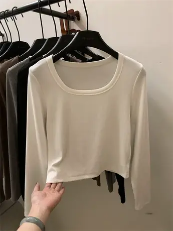 白色U领长袖t恤女2024春季新款韩版小个子修身显瘦打底衫短款上衣图片