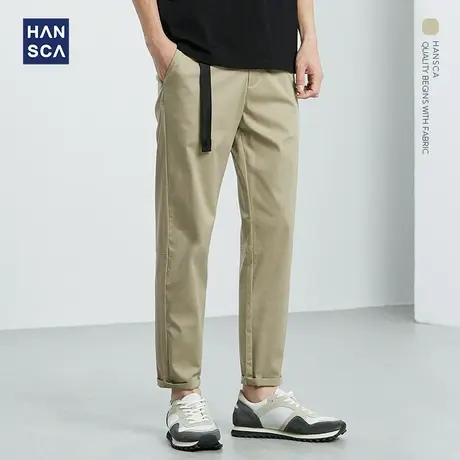 汉斯卡 斜纹九分休闲裤男2021夏季薄款卡其色修身直筒弹力9分男裤商品大图