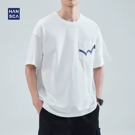 hansca 黑色短袖t恤男青少年夏季潮牌圆领宽松休闲纯棉五分袖上衣商品大图