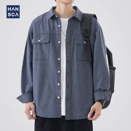 hansca日系翻领长袖衬衫男春季新款潮牌拼色格纹宽松休闲衬衣外套商品大图