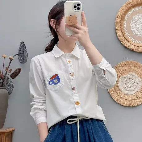 春装新款学院风可爱减龄刺绣纯棉长袖衬衫女宽松软妹百搭打底上衣商品大图