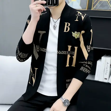 潮牌烫钻外套男士个性帅气刺绣字母外穿上衣秋季男生针织开衫毛衣商品大图