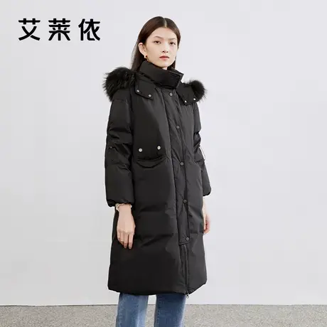艾莱依鹅绒外套女冬季新款2021年时尚连帽貉子毛保暖设计感羽绒服图片