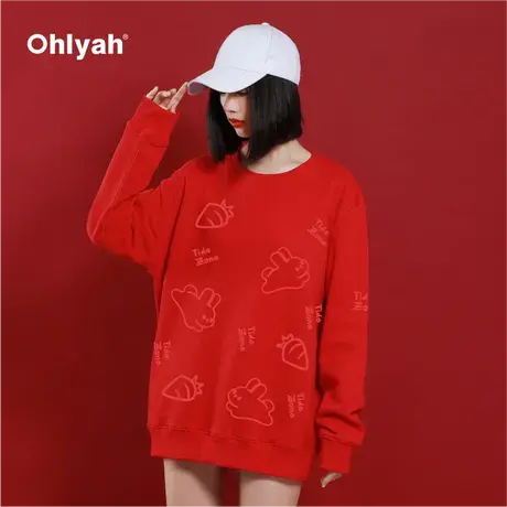 Ohlyah卡通兔子卫衣女秋冬新款2023圆领红色卫衣外套本命年新年潮商品大图
