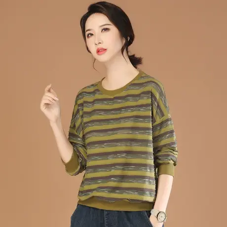 韩潮袭人文艺条纹圆领长袖t恤女2023秋季新款宽松休闲打底衫上衣图片