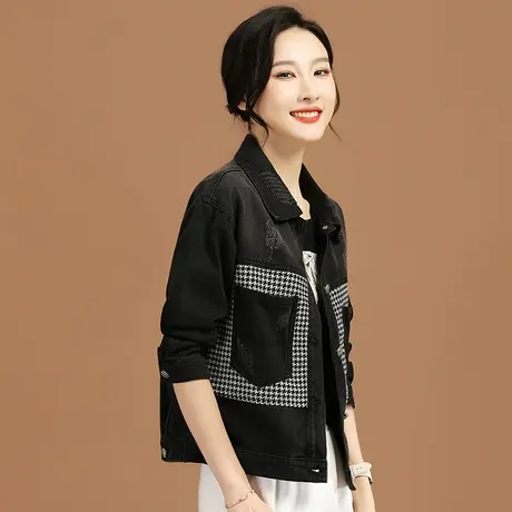韩潮袭人千鸟格牛仔外套女2023年秋季新款韩版显瘦拼接刺绣棒球服图片