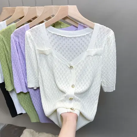 v领冰丝针织衫女2023春夏秋新款打底衫外穿上衣薄镂空中袖t恤衫潮图片