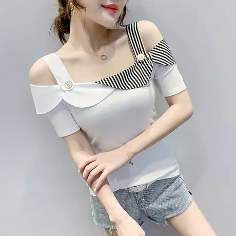 一字肩气质女装性感露肩T恤女短袖夏小众心机荷叶边上衣撞色小衫商品大图