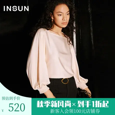 [醋酸系列]恩裳COVER2023秋季新款一字领灯笼袖缎面光泽廓形衬衫图片