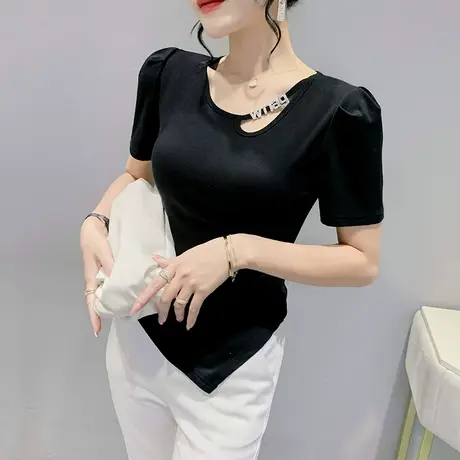 网红不规则黑色T恤女短袖夏季2023新款高腰辣妹上衣百搭洋气小衫商品大图
